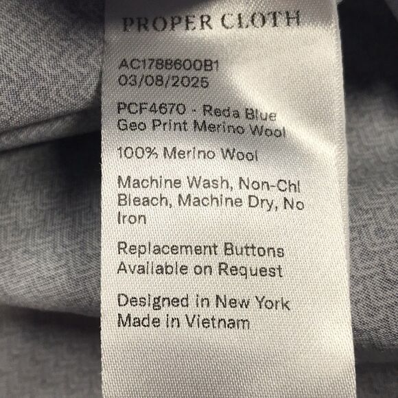 PROPER CLOTH Reda Shirt Men XL Blue Zig Zag Print 100% Merino Wool Flip Cuff - Picture 10 of 12